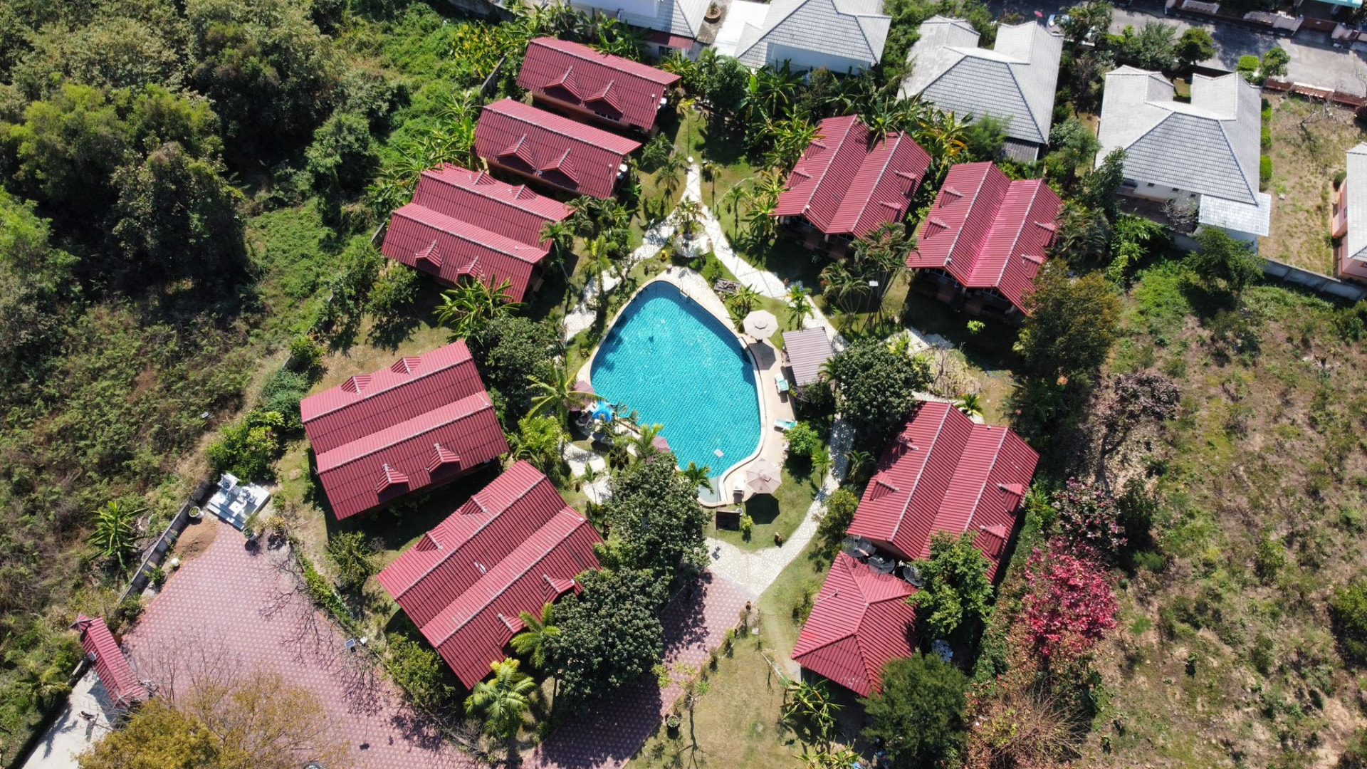Aerial view of the bungalows and gardens at the resort