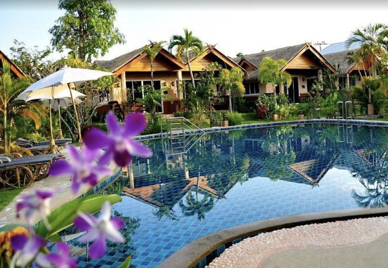 Pool surrounded by bungalows at the resort